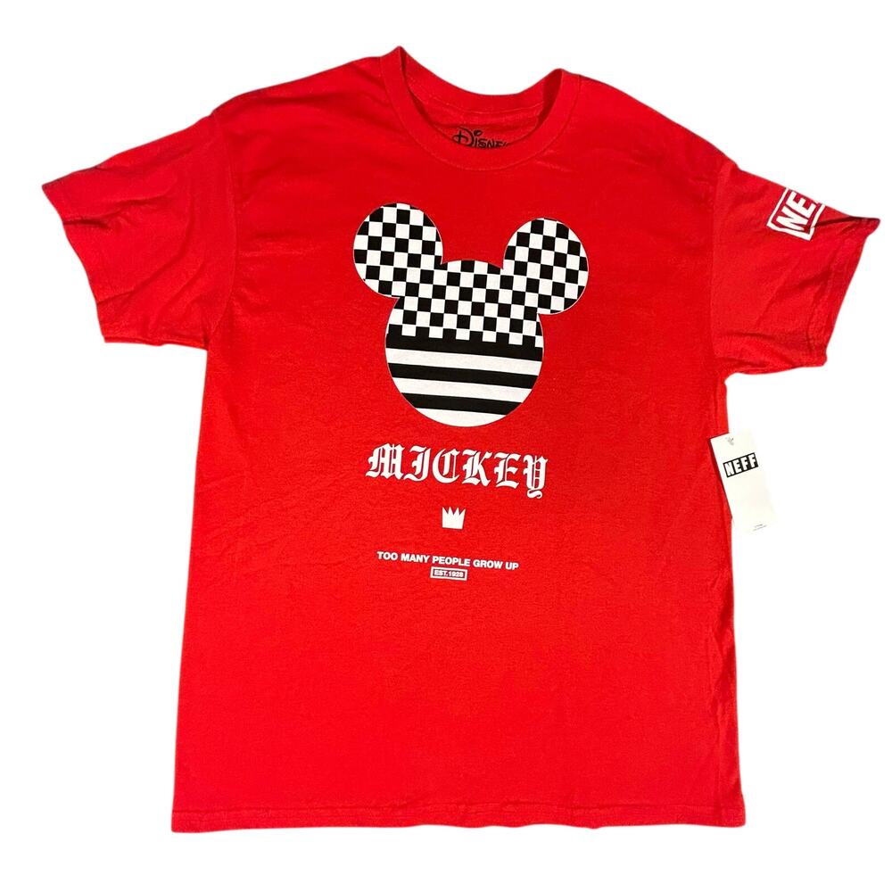 NWT Neff x Disney Mickey Mouse T Shirt Mens Lrg‎ Red 100% Cotton Checkered Mouse